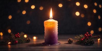 The primary subject of the image is a lit candle, which is placed on a table. The setting is a dark room with a purple glow, creating a moody atmosphere. The visual style is a close-up of the candle, emphasizing its light and the surrounding darkness. The colors and mood of the image are predominantly purple, with the candle's flame providing a warm contrast against the dark background.